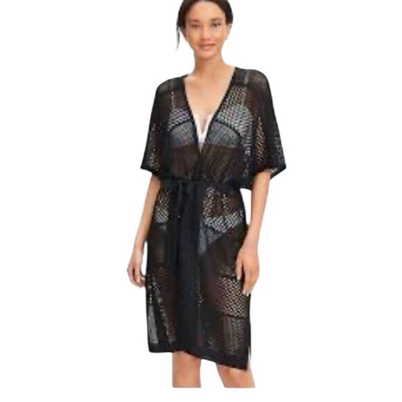 LOFT Crochet Kimono Beach Coverup Black with Belt Size XS /Small - Picture 3 of 11